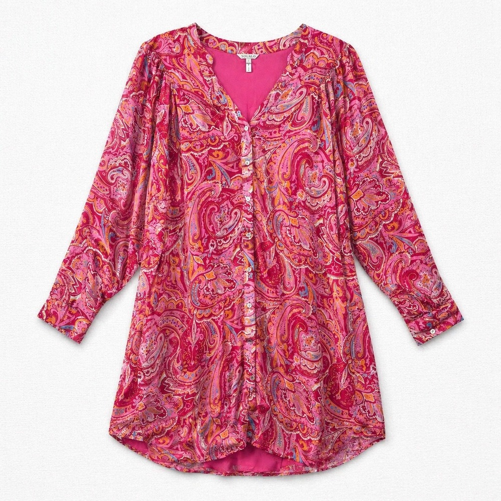Esqualo Pink Paisley Button Front Tunic Blouse V-Neck Long Sleeve Top Size L